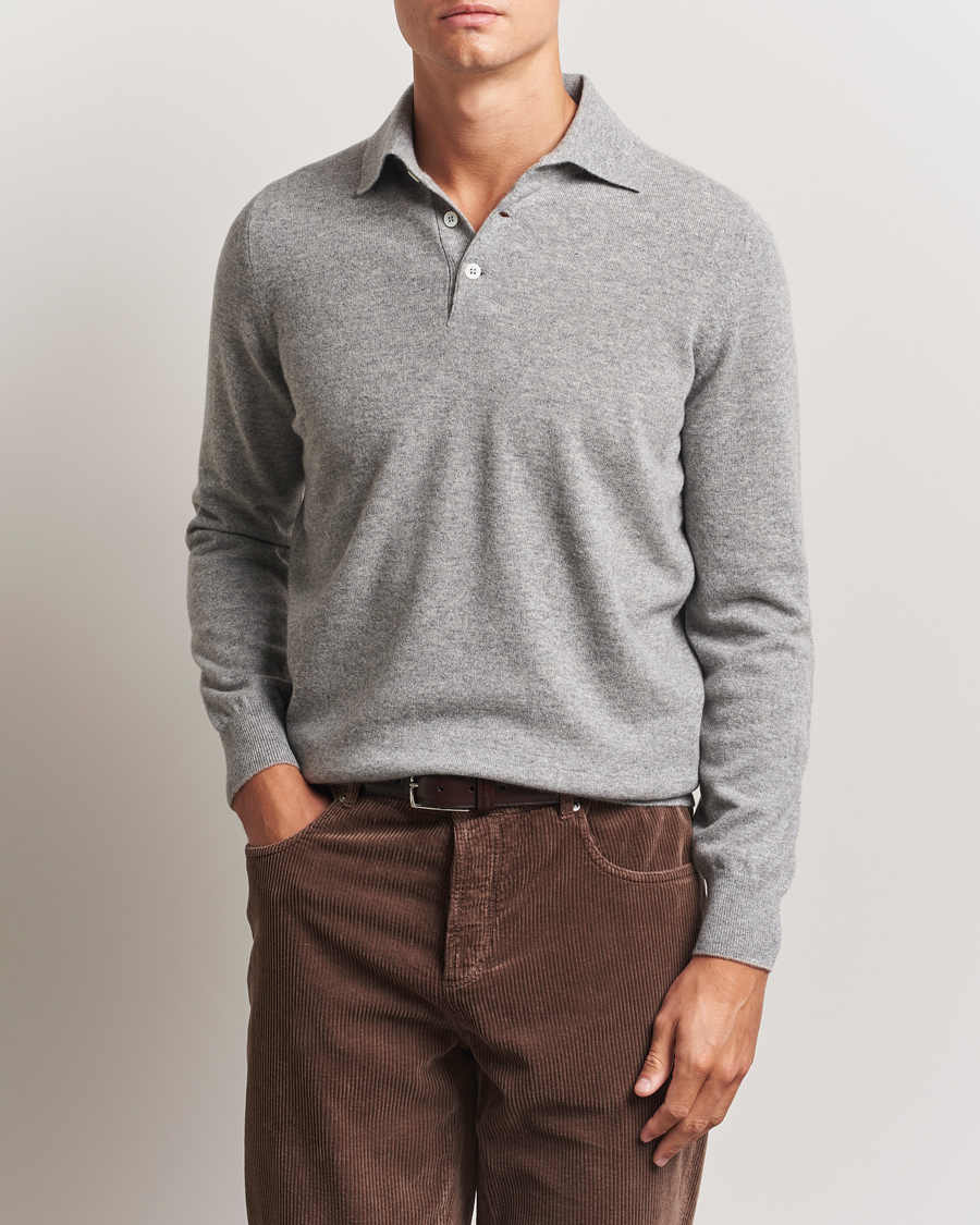 Men | Sweaters & Knitwear | Brunello Cucinelli | 2 Ply Cashmere Long Sleeve Polo Grey Melange