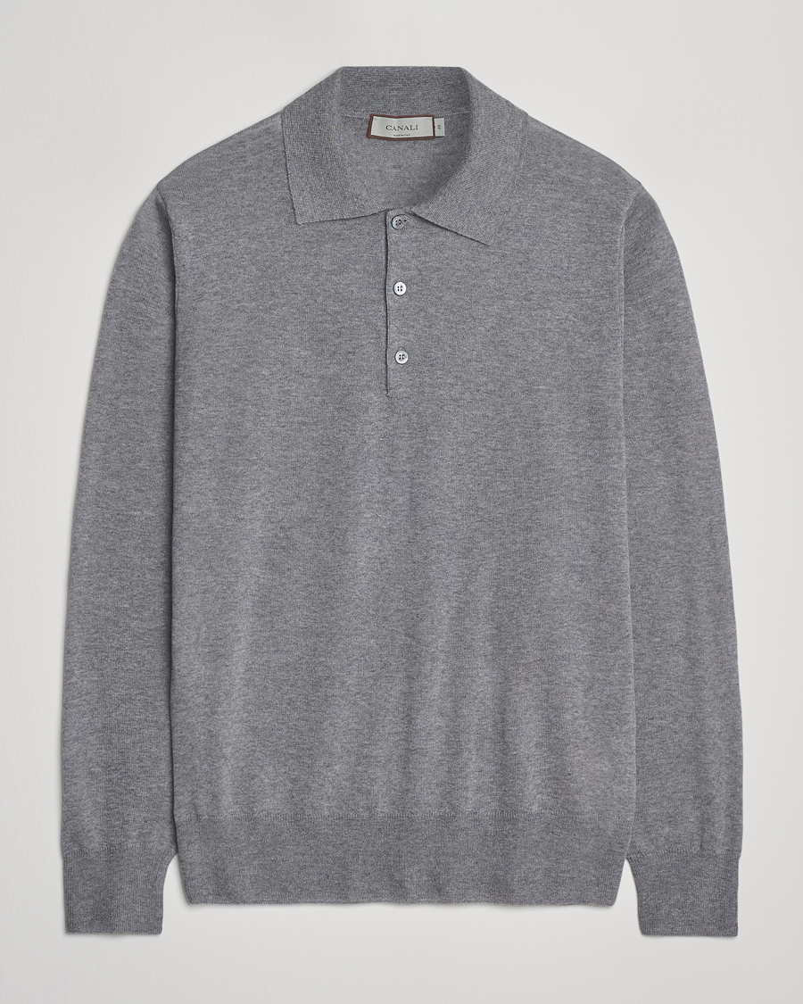 Men | Sweaters & Knitwear | Canali | Merino Wool Long Sleeve Polo Light Grey