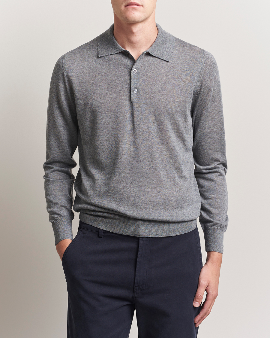 Men | Sweaters & Knitwear | Canali | Merino Wool Long Sleeve Polo Light Grey