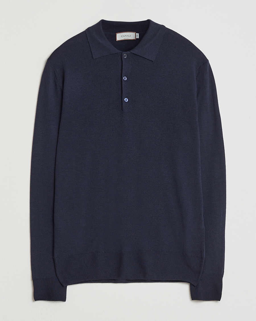 Men | Sweaters & Knitwear | Canali | Merino Wool Long Sleeve Polo Navy