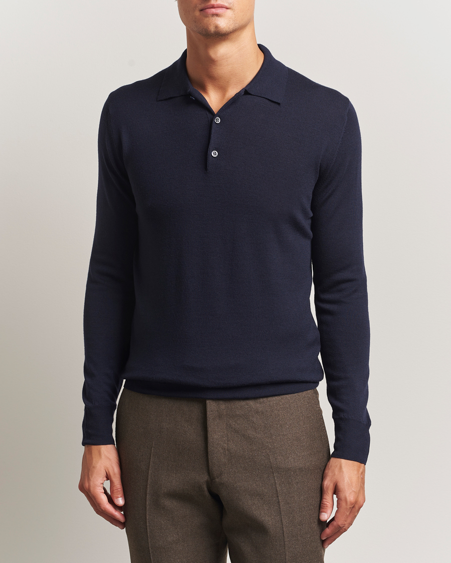 Men | Sweaters & Knitwear | Canali | Merino Wool Long Sleeve Polo Navy