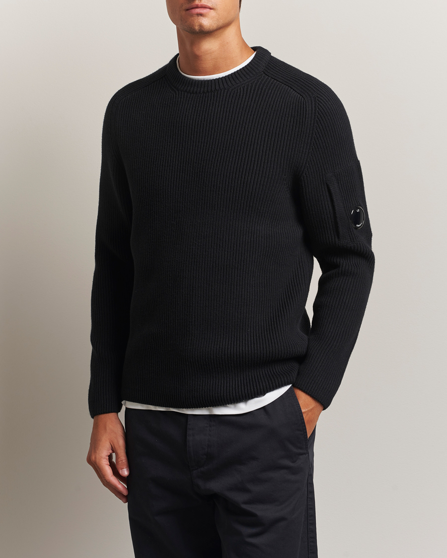Men | Sweaters & Knitwear | C.P. Company | Full Rib Knitted Cotton Crew Neck Black