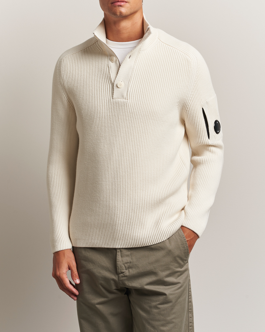 Men | Sweaters & Knitwear | C.P. Company | Full Rib Knitted Cotton Half Button White