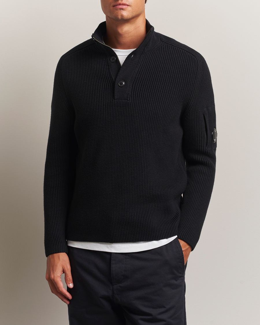 Men | Sweaters & Knitwear | C.P. Company | Full Rib Knitted Cotton Half Button Black