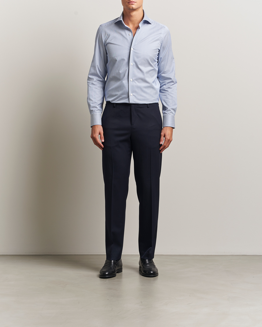 Men | Shirts | Finamore Napoli | Milano Slim Cotton Twill Shirt Blue Stripe