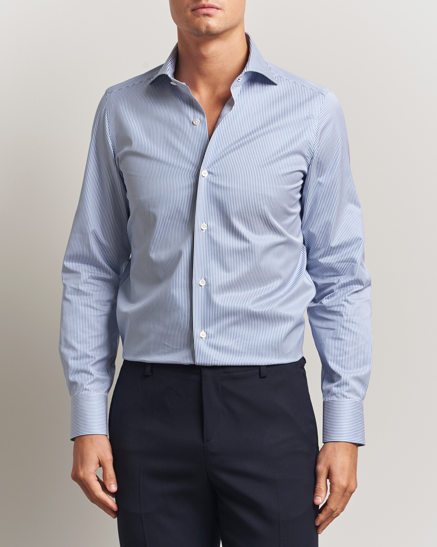 Men | Shirts | Finamore Napoli | Milano Slim Cotton Twill Shirt Blue Stripe