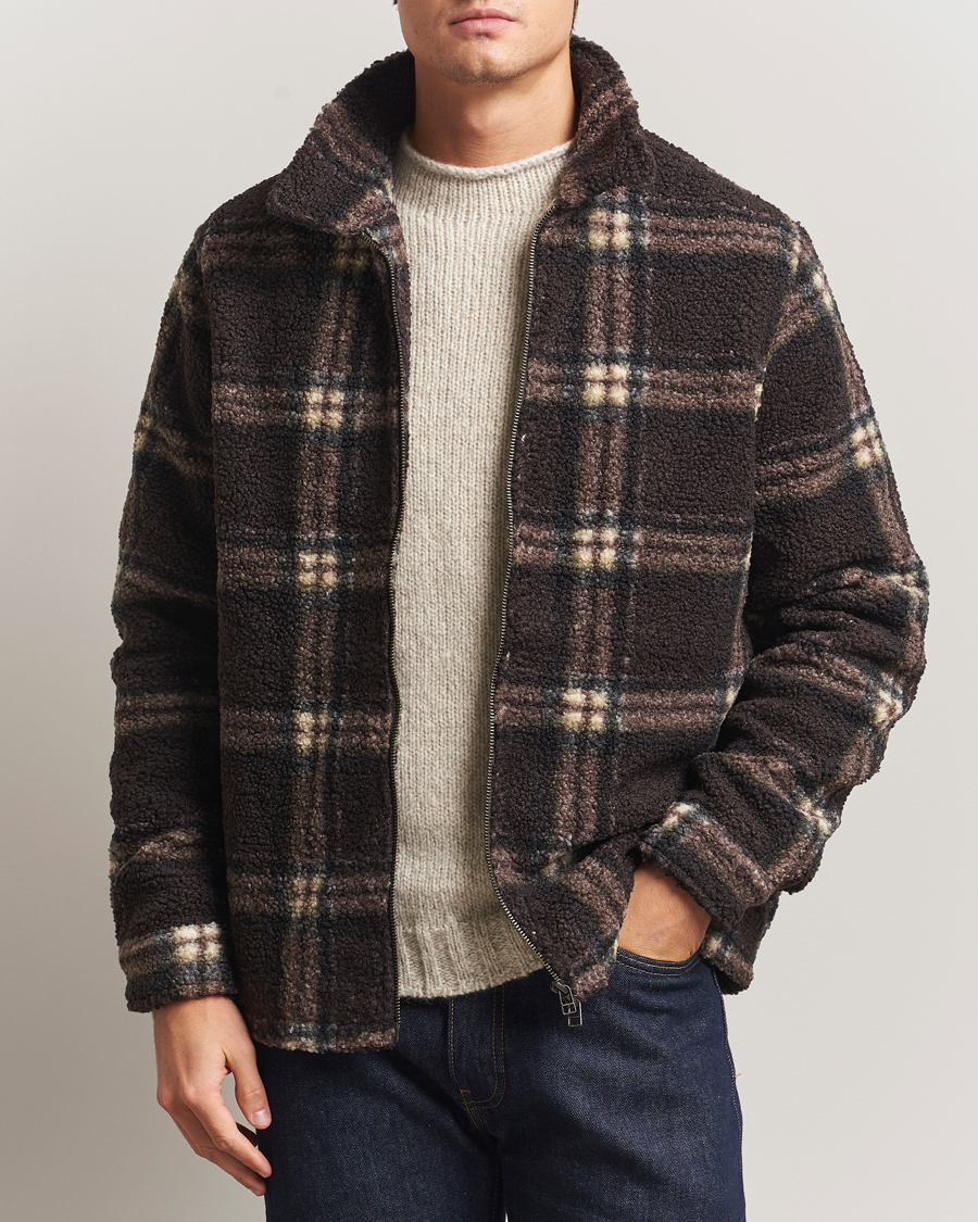 Men | Sweaters & Knitwear | Forét | Cabin Check Zip Fleece Brown
