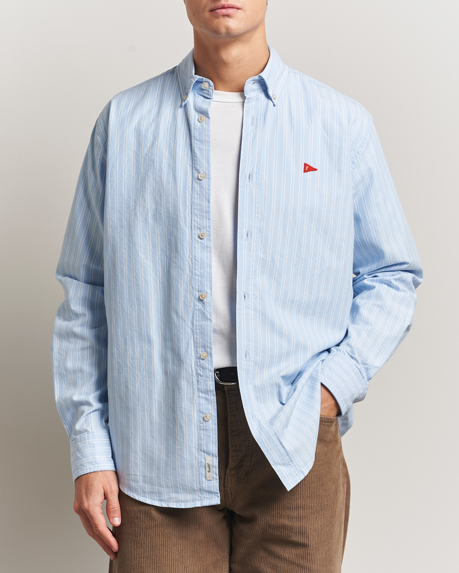 Men | Shirts | Forét | Flag Regular Fit Oxford Shirt Light Blue Stripe