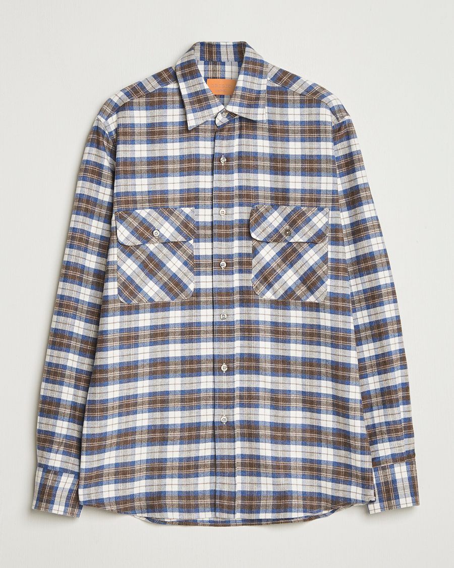 Men | Shirts | Grigio | Heavy Flannel Overshirt Blue/Beige Check