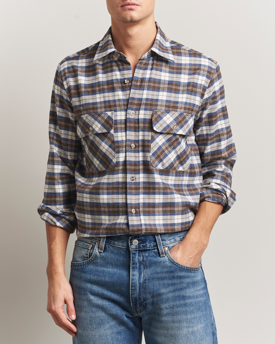 Men | Shirts | Grigio | Heavy Flannel Overshirt Blue/Beige Check
