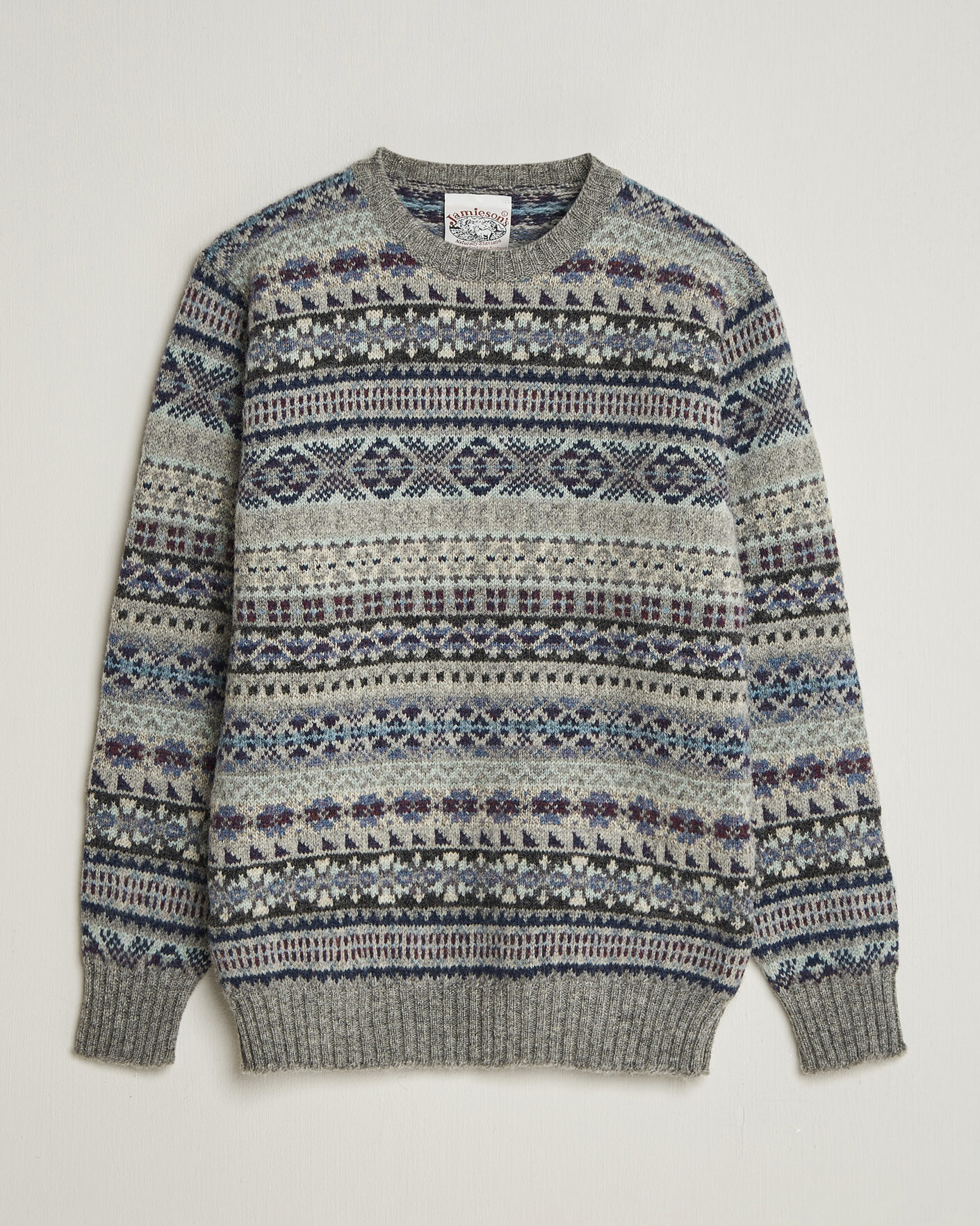 Men | Sweaters & Knitwear | Jamieson's of Shetland | Jamiesons Of Shetland All Over Fair Isle Pullover Crew Neck Light Grey