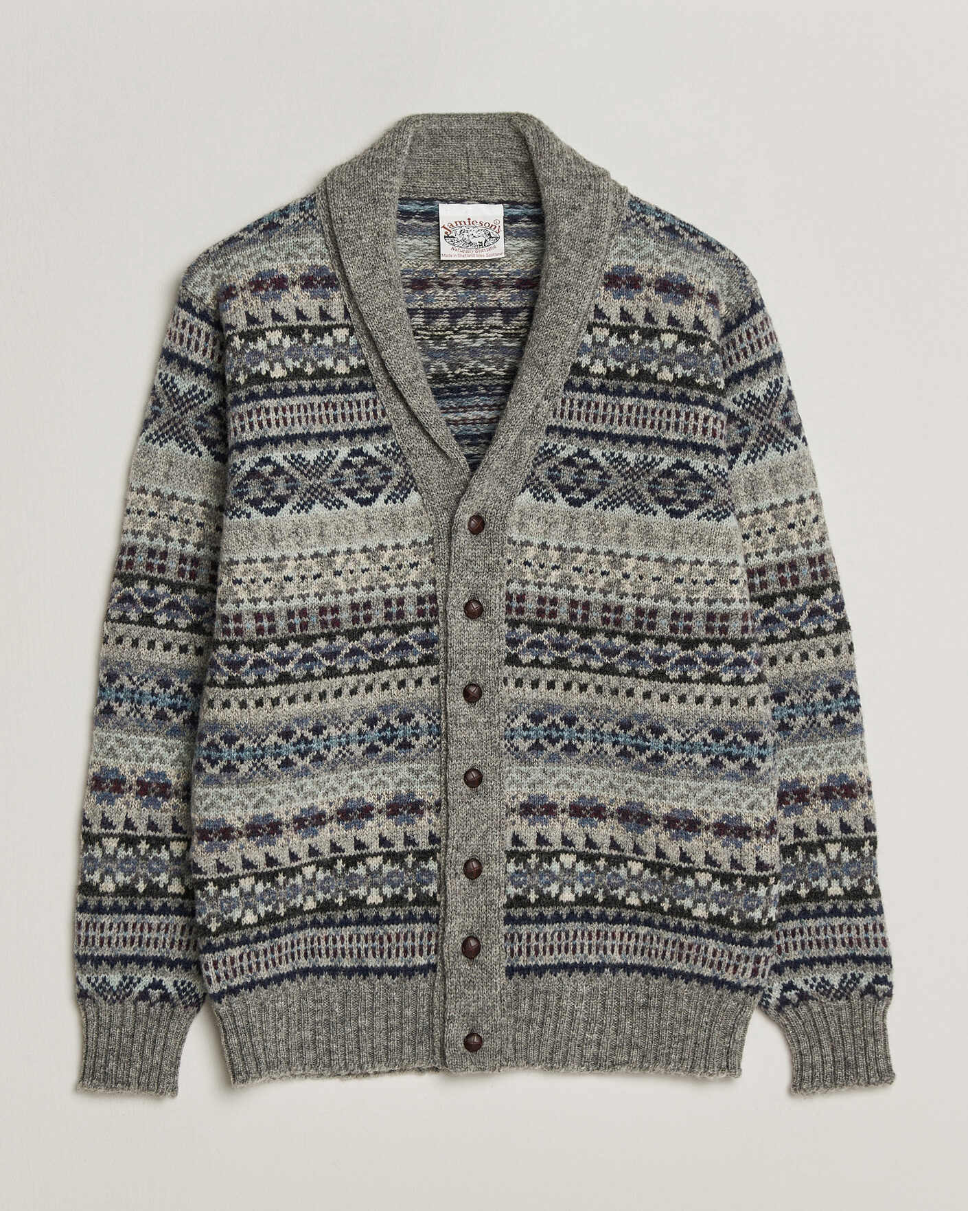 Men | Sweaters & Knitwear | Jamieson's of Shetland | Jamiesons Of Shetland All Over Fair Isle Shawl Collar Cardigan Grey