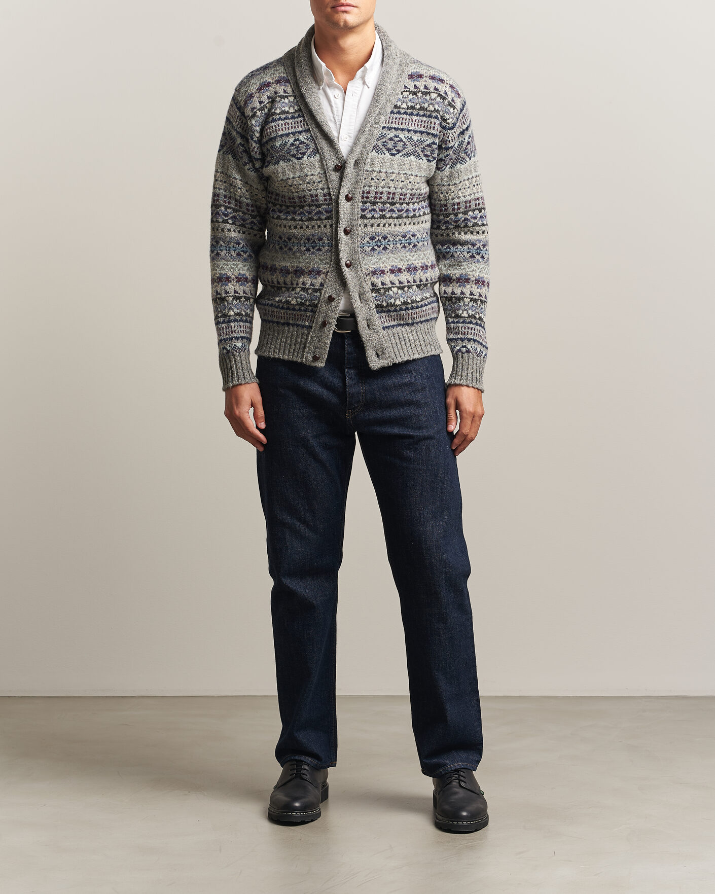 Men | Sweaters & Knitwear | Jamieson's of Shetland | Jamiesons Of Shetland All Over Fair Isle Shawl Collar Cardigan Grey