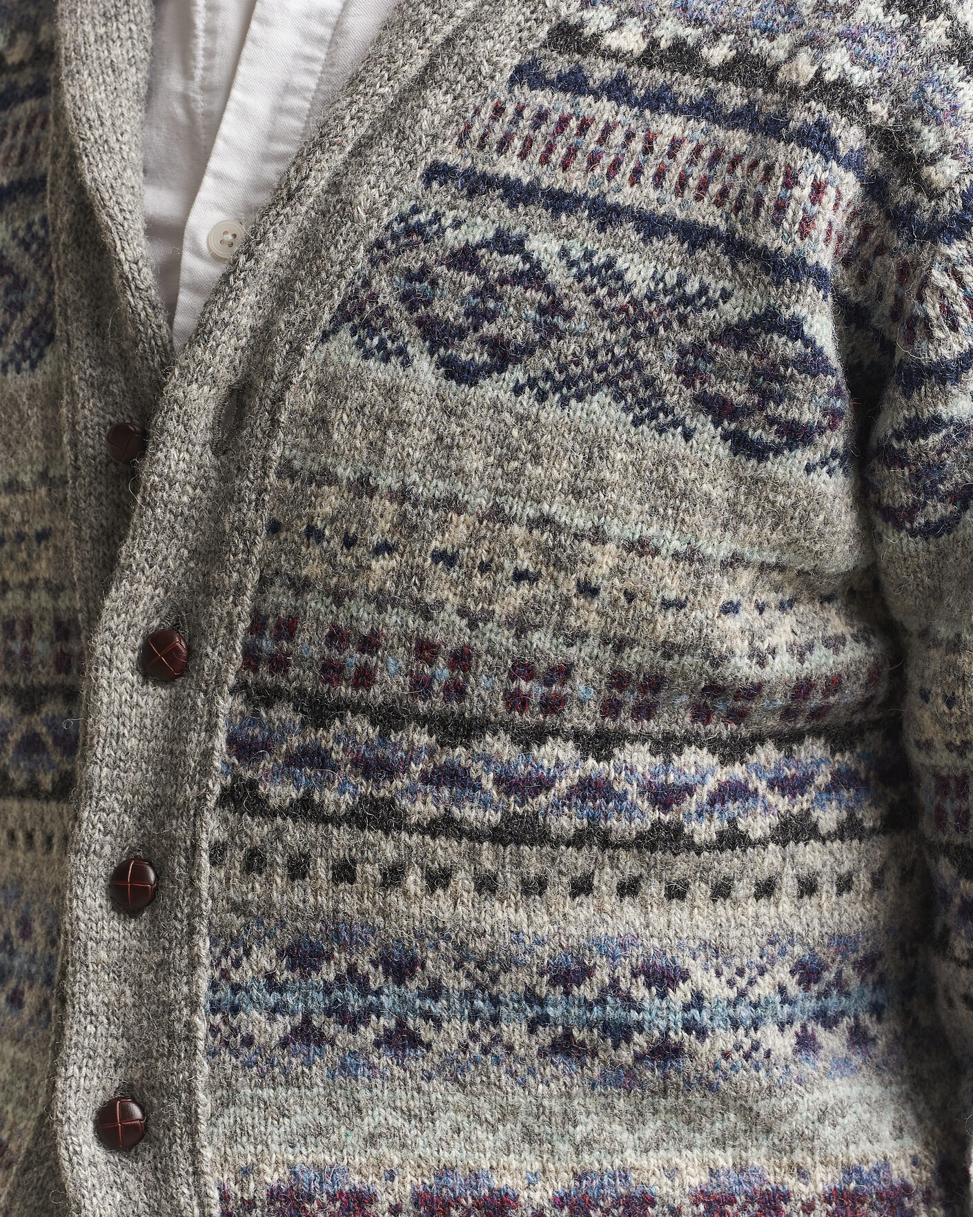 Men | Sweaters & Knitwear | Jamieson's of Shetland | Jamiesons Of Shetland All Over Fair Isle Shawl Collar Cardigan Grey
