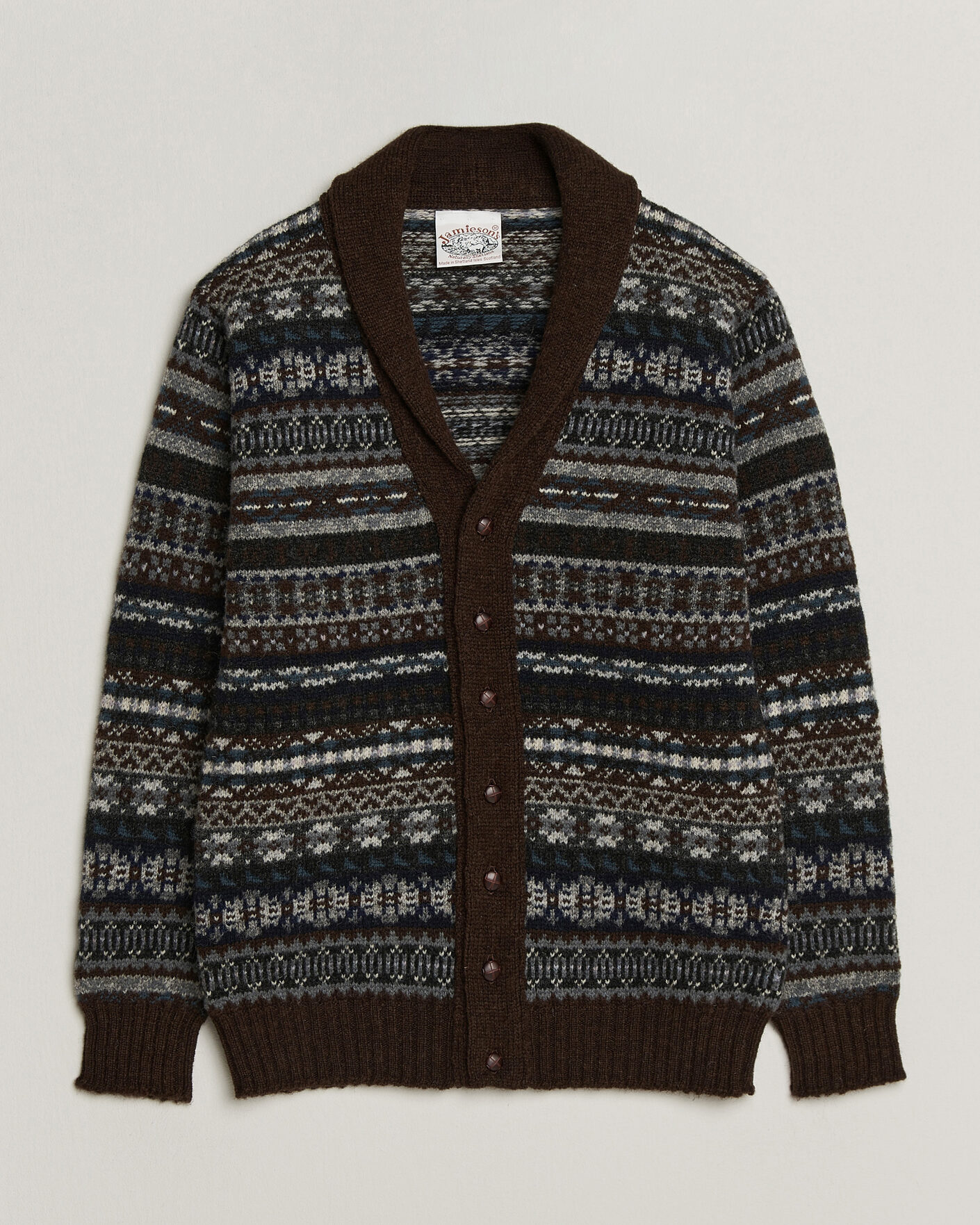 Men | Sweaters & Knitwear | Jamieson's of Shetland | Jamiesons Of Shetland All Over Fair Isle Shawl Collar Cardigan Brown