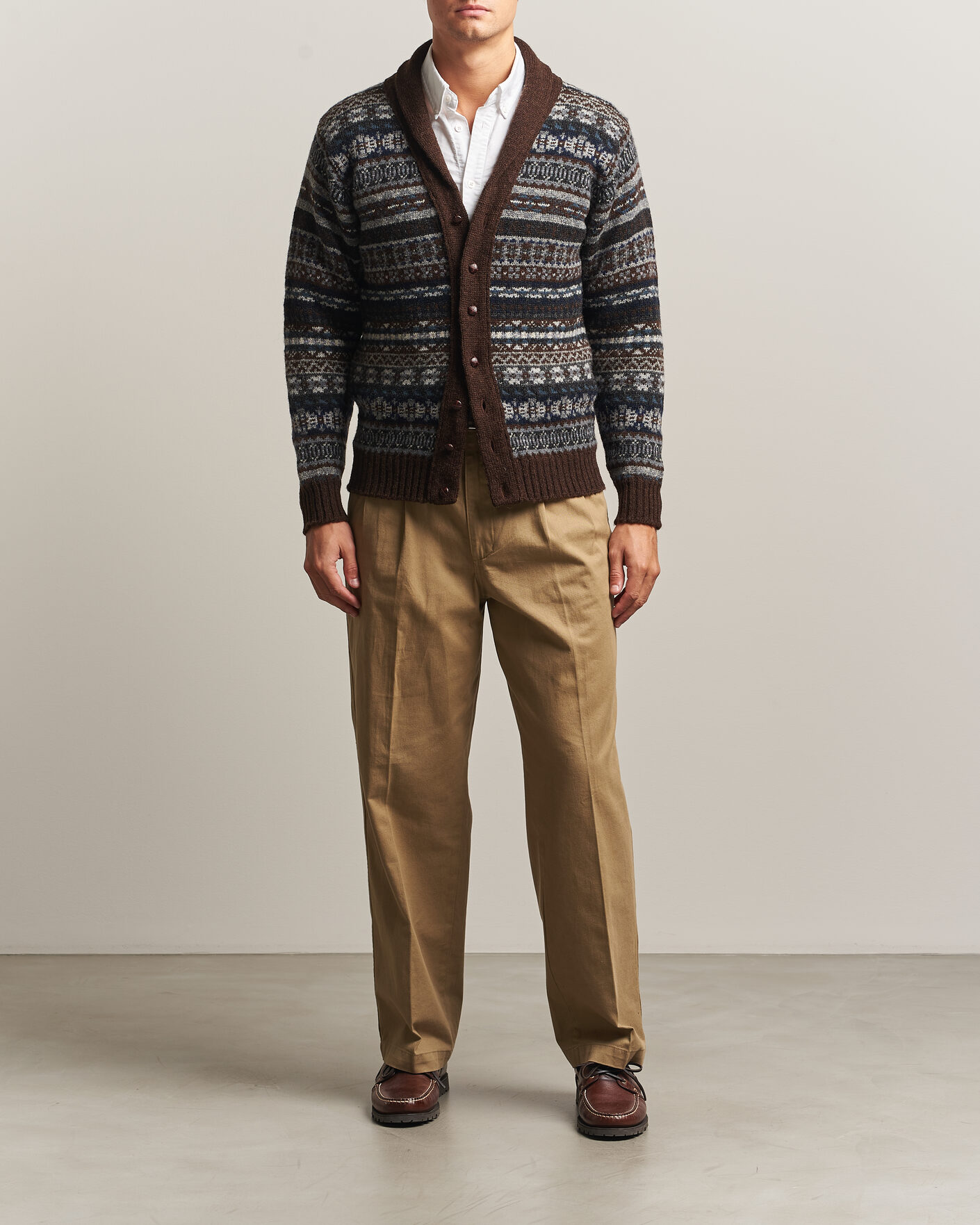 Men | Sweaters & Knitwear | Jamieson's of Shetland | Jamiesons Of Shetland All Over Fair Isle Shawl Collar Cardigan Brown