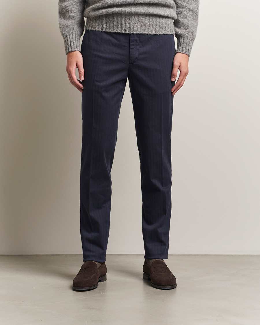 Men | Trousers | Incotex | Regular Fit Comfort Herringbone Trousers Navy