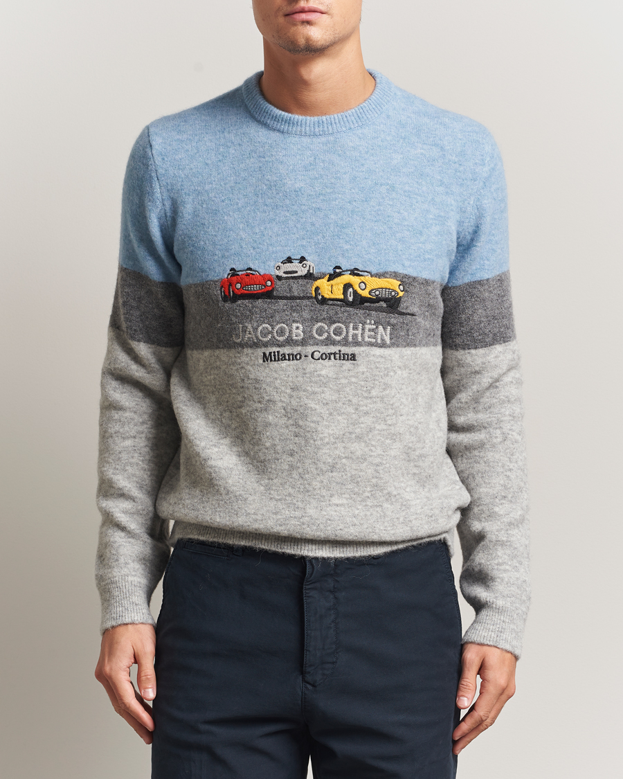 Men | Sweaters & Knitwear | Jacob Cohën | Embroidery Knitted Milano-Cortina Crew Neck Grey/Blue