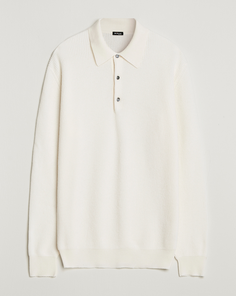 Men | Sweaters & Knitwear | Kiton | Cashmere Rib Long Sleeve Polo Light Beige