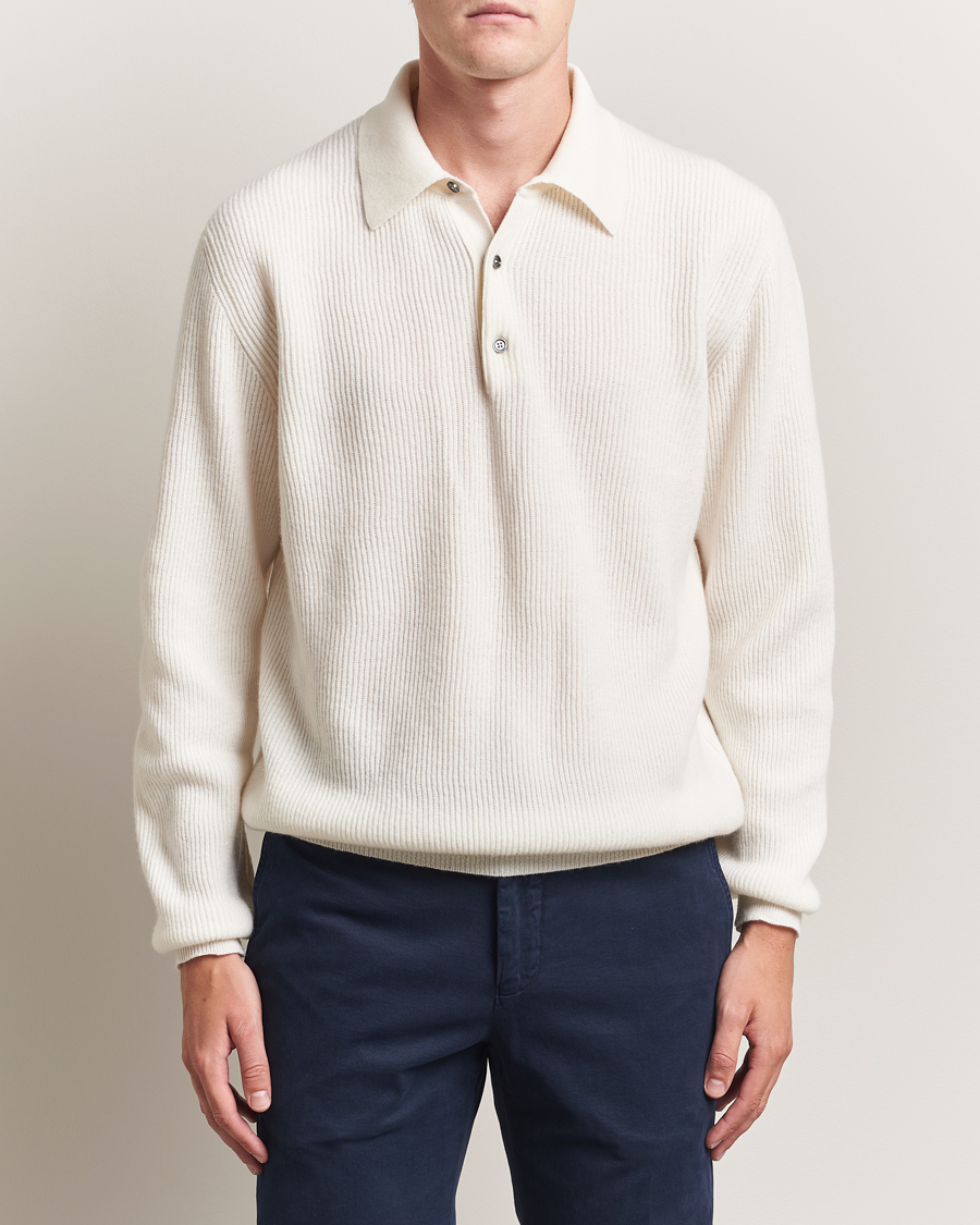 Men | Sweaters & Knitwear | Kiton | Cashmere Rib Long Sleeve Polo Light Beige