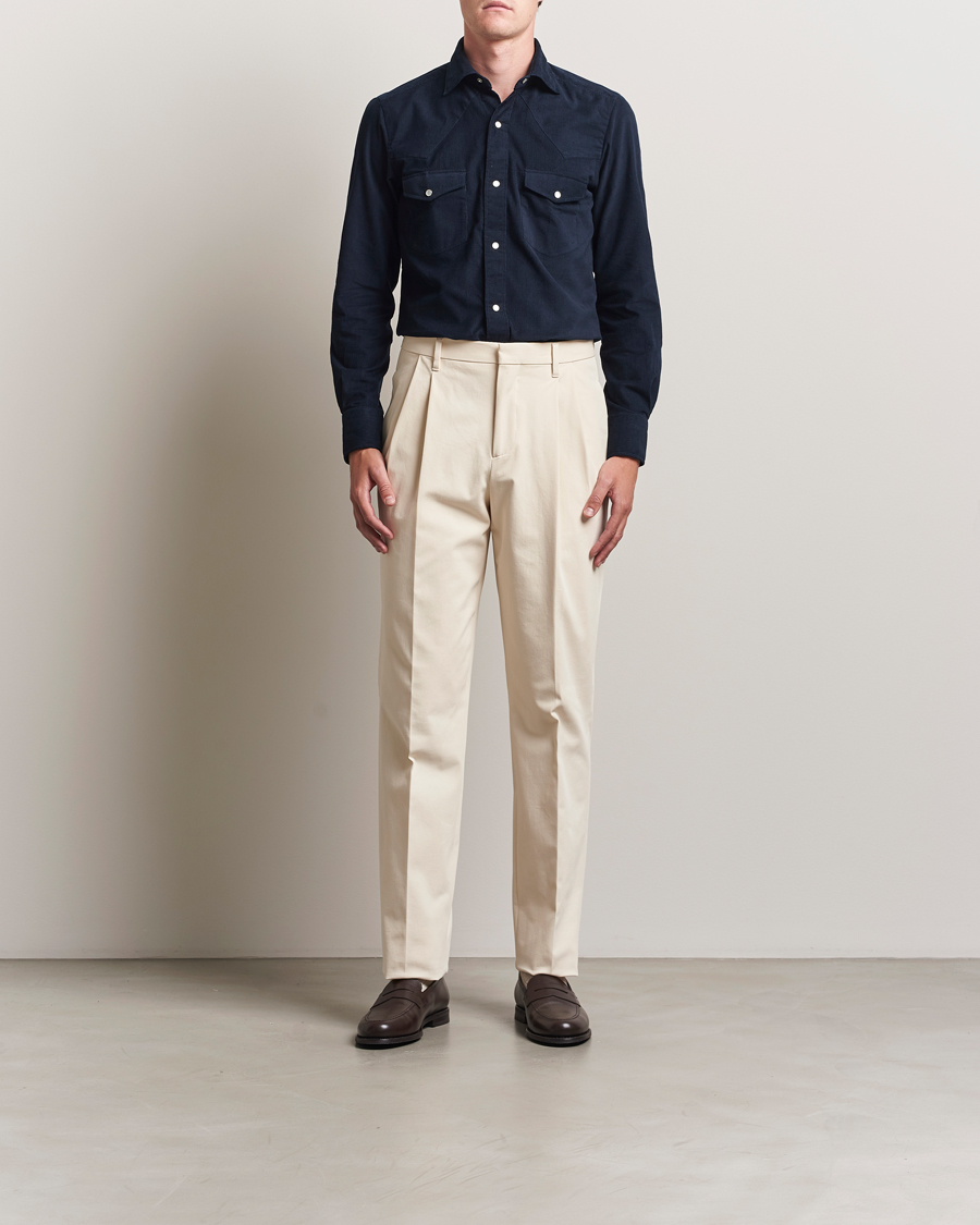 Men | Trousers | Lardini | Double Pleated Cotton Stretch Trousers Off White