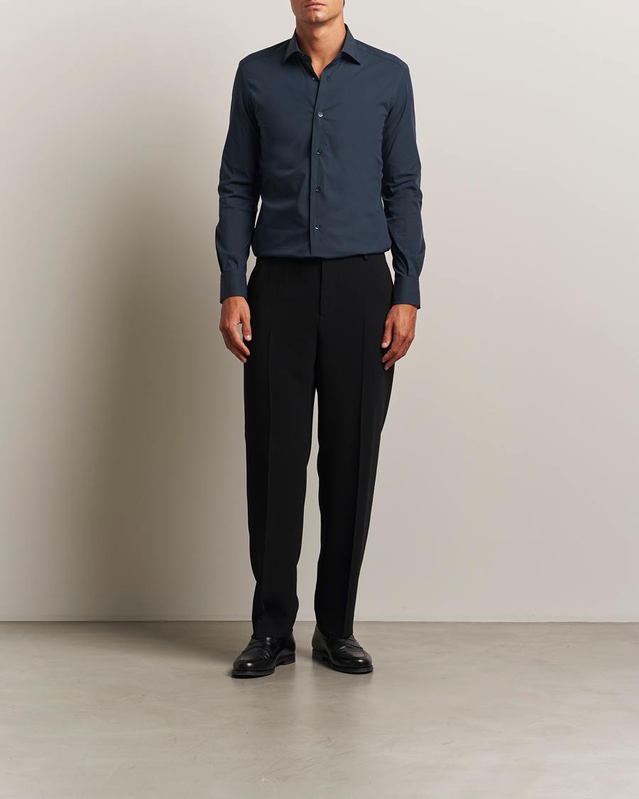 Men | Shirts | Mazzarelli | Soft Cotton/Stretch Cut Away Shirt Navy