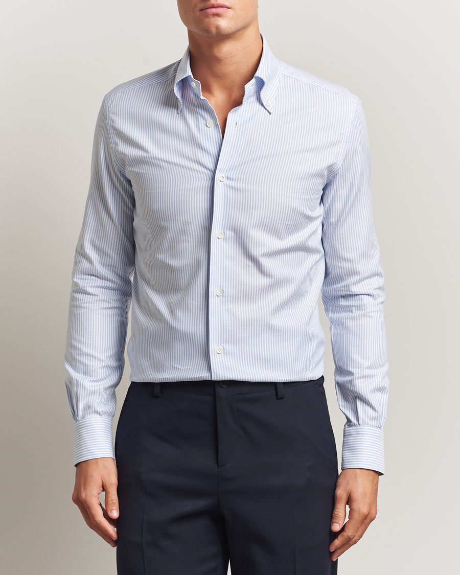 Men | Shirts | Mazzarelli | Soft Oxford Button Down Shirt Light Blue Stripe