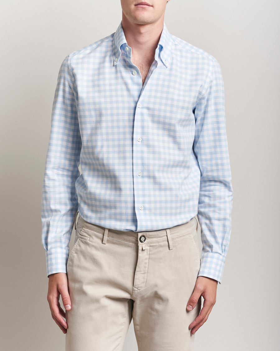 Men | Shirts | Mazzarelli | Soft Flannel Button Down Shirt Light Blue Check