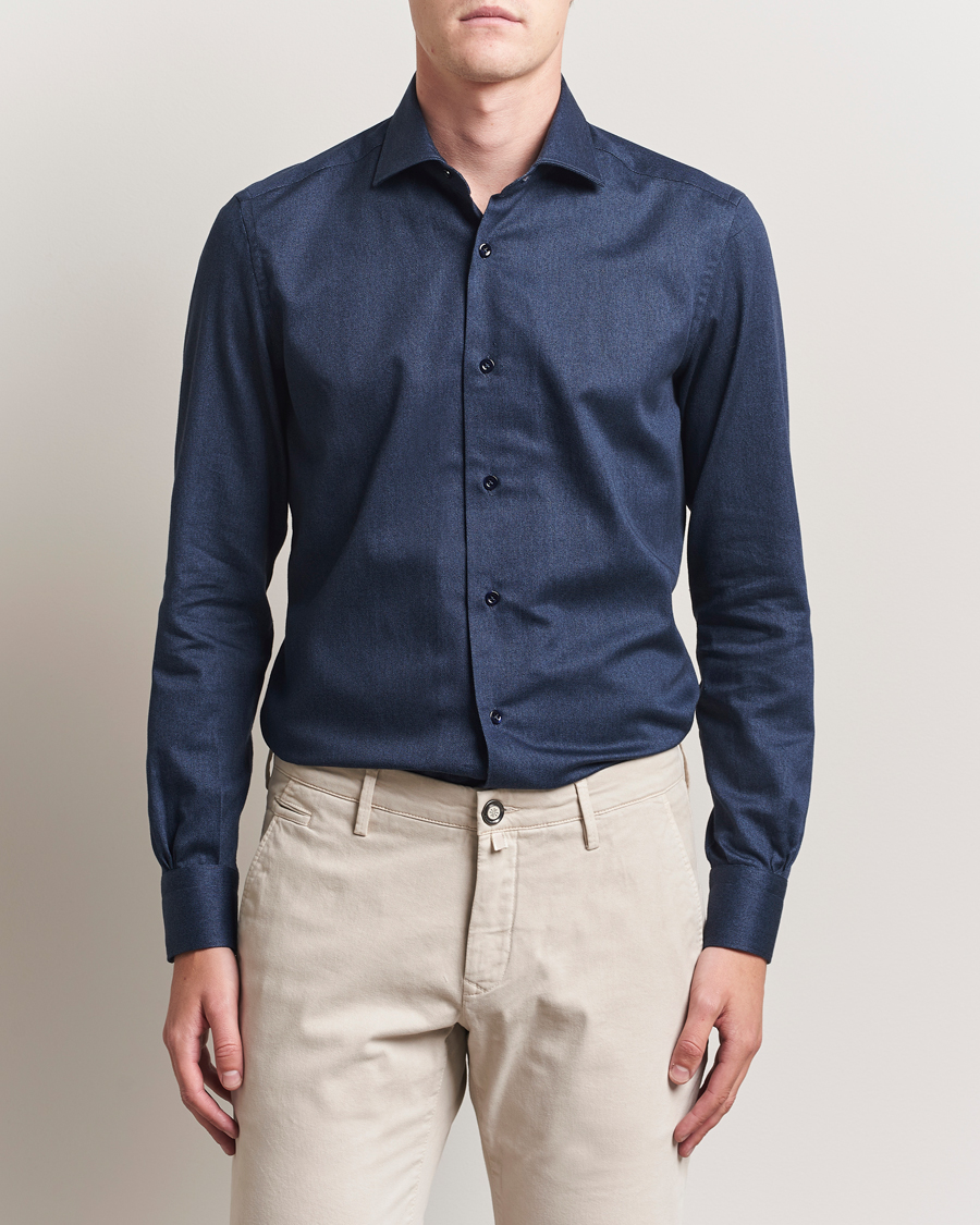 Men | Shirts | Mazzarelli | Soft Flannel Cut Away Shirt Navy