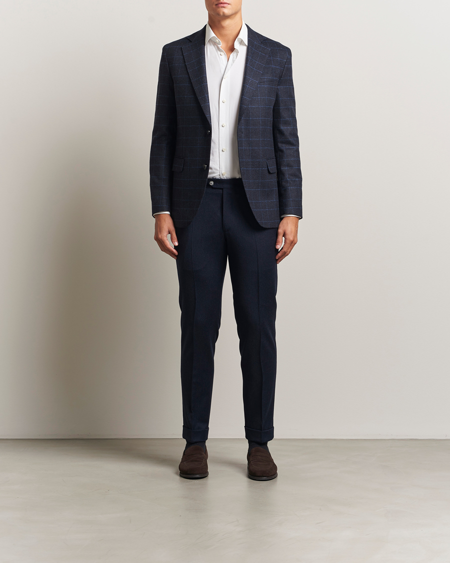 Men | Trousers | Oscar Jacobson | Dandy Turn Up Flannel Trousers Navy