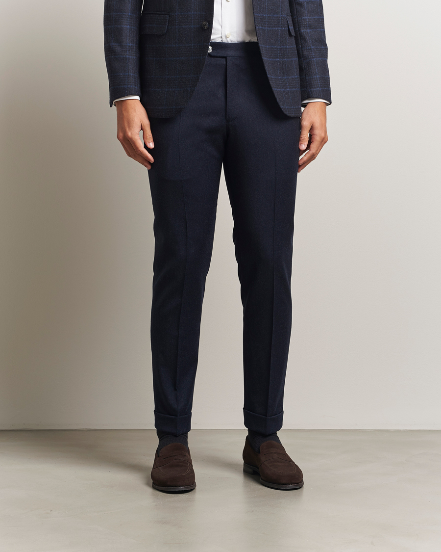 Men | Trousers | Oscar Jacobson | Dandy Turn Up Flannel Trousers Navy