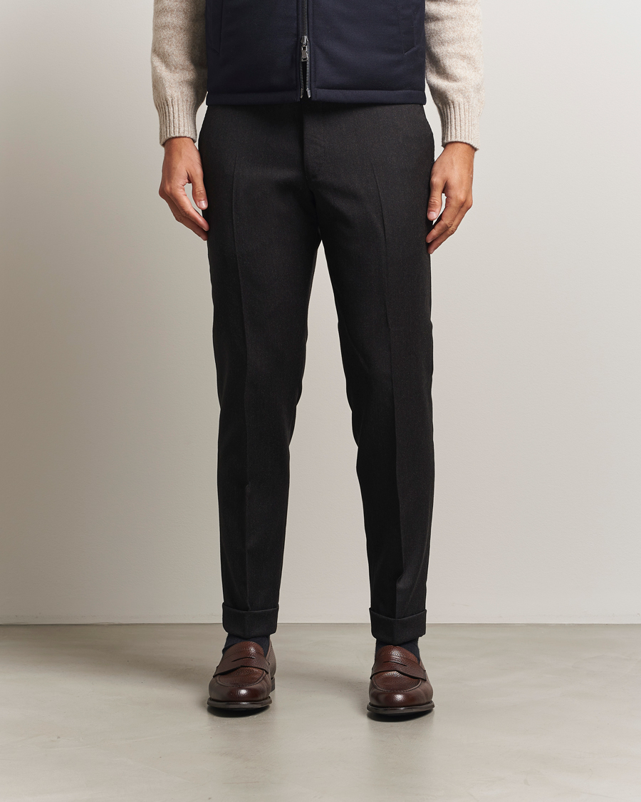 Men | Trousers | Oscar Jacobson | Dandy Turn Up Flannel Trousers Dark Brown