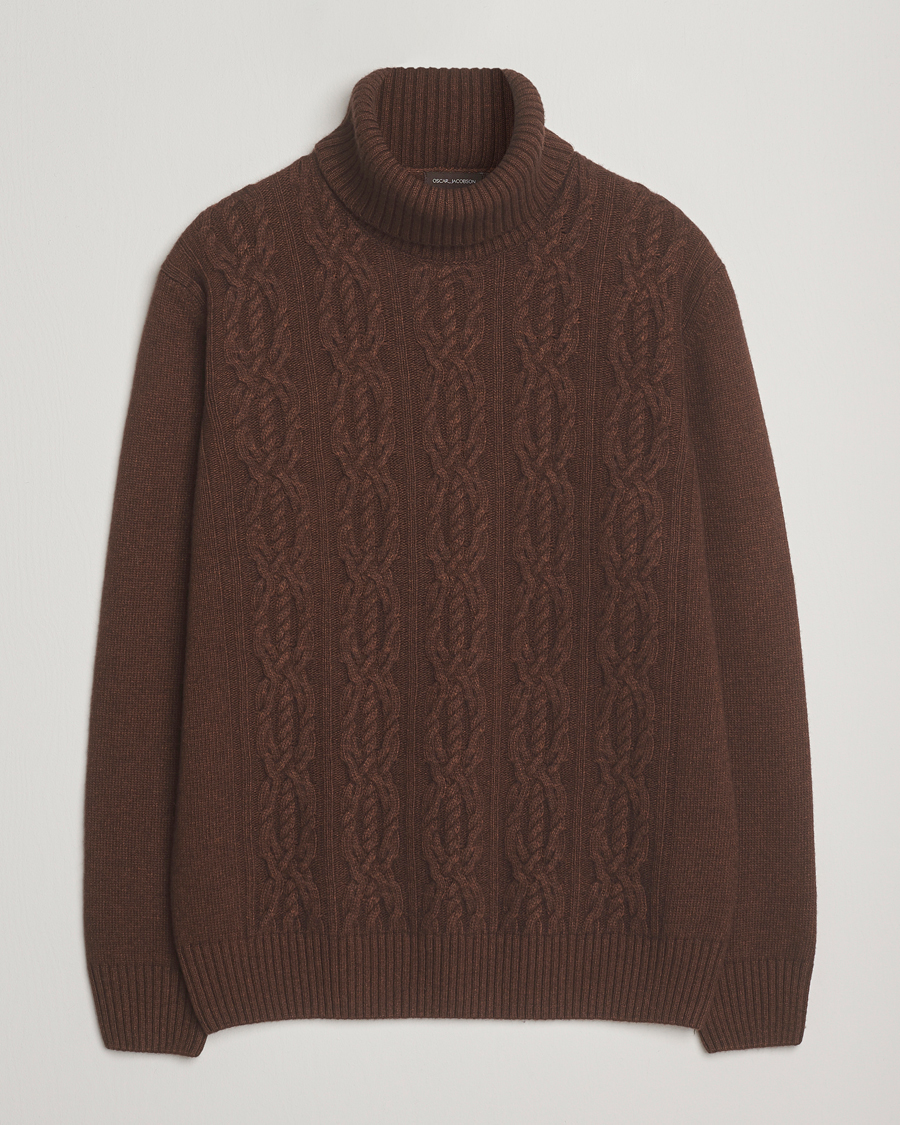 Men | Sweaters & Knitwear | Oscar Jacobson | Heavy Knitted Wool/Cashmere Cable Polo Golden Brown