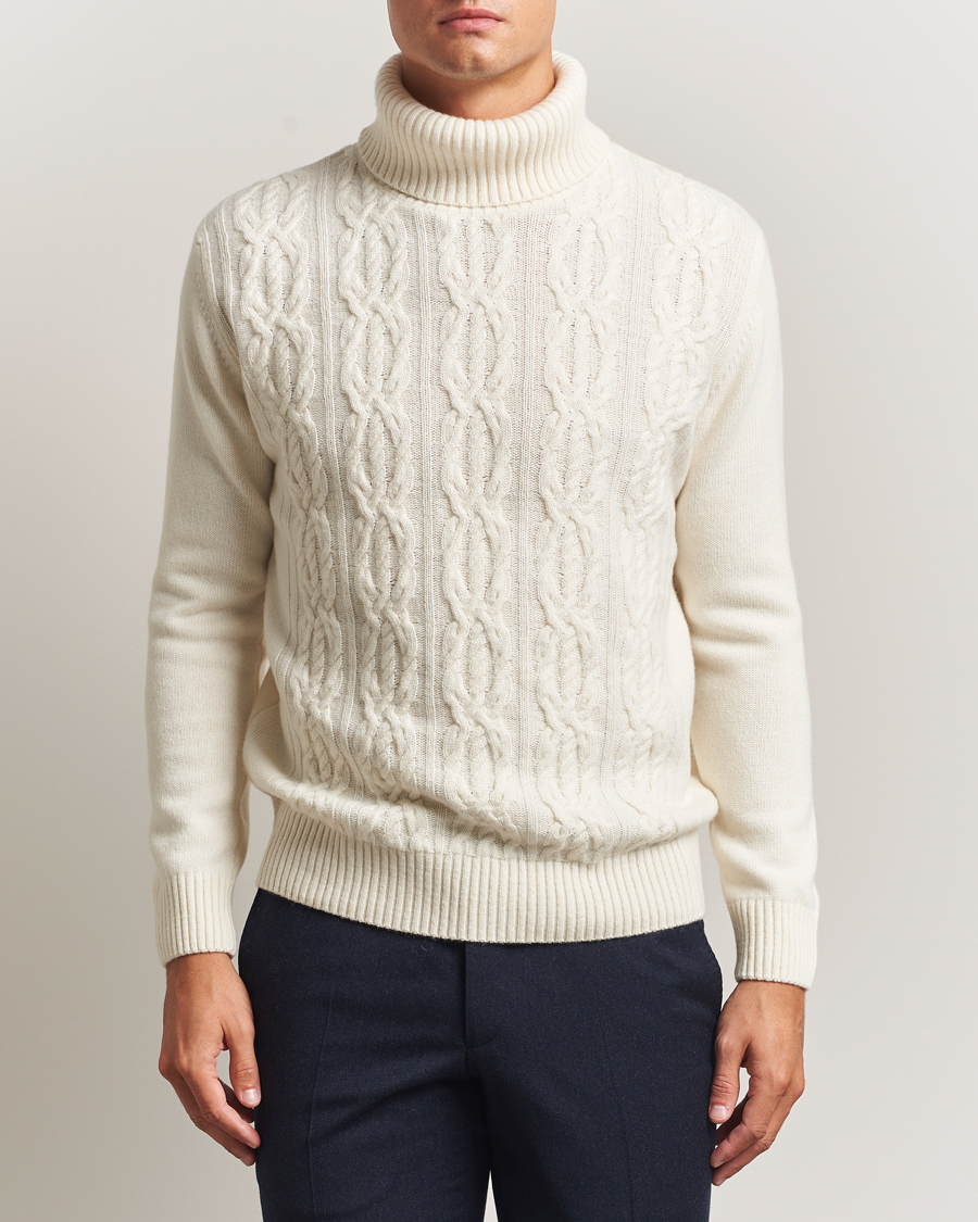Men | Sweaters & Knitwear | Oscar Jacobson | Heavy Knitted Wool/Cashmere Cable Polo White