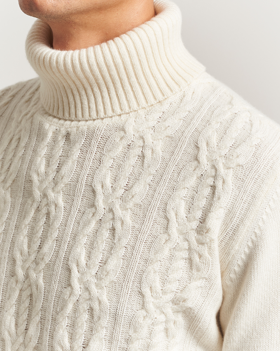 Men | Sweaters & Knitwear | Oscar Jacobson | Heavy Knitted Wool/Cashmere Cable Polo White