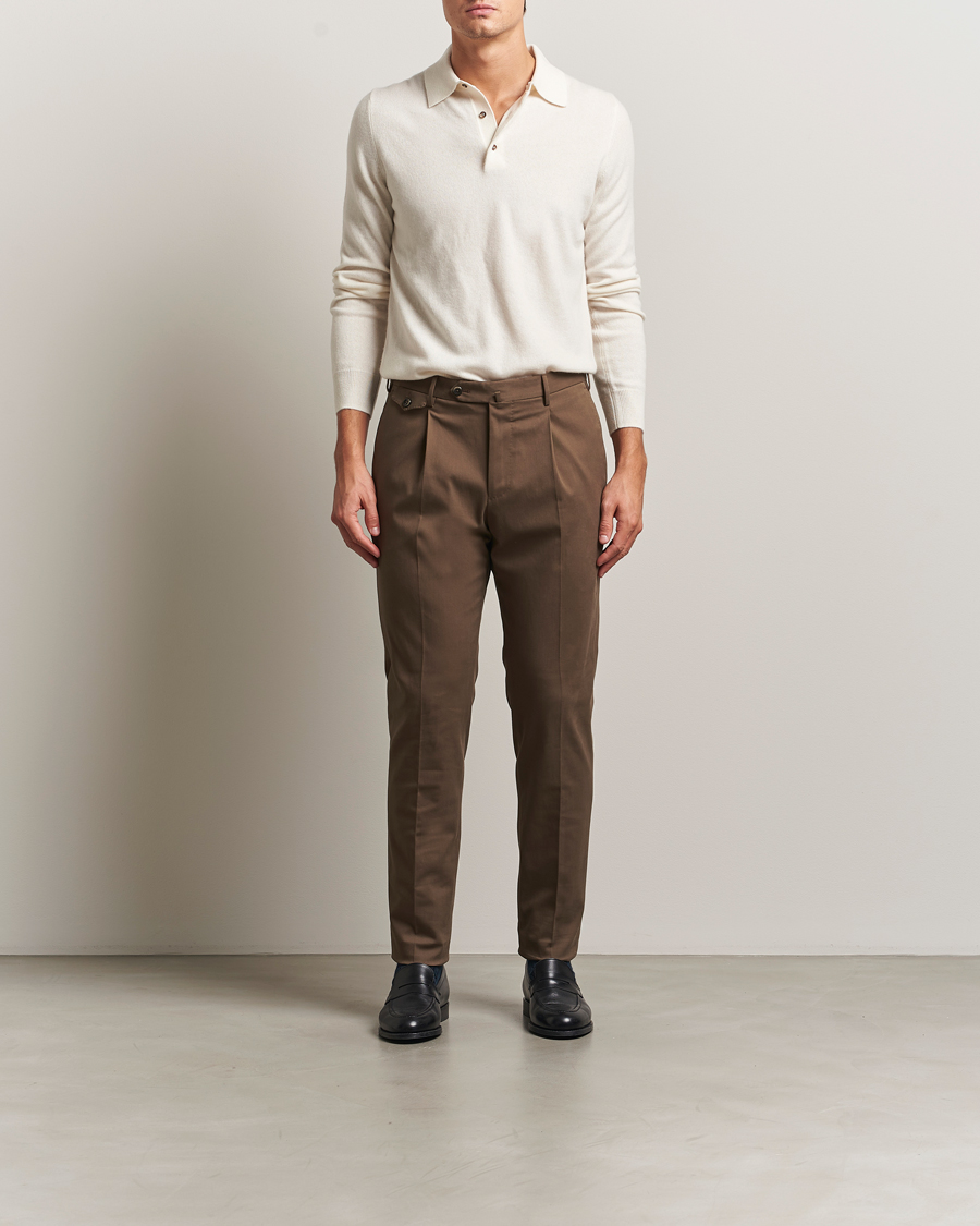 Men | Trousers | PT01 | Slim Fit Pleated Cotton/Cashmere Trousers Dark Brown