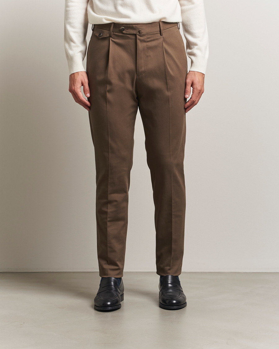 Men | Trousers | PT01 | Slim Fit Pleated Cotton/Cashmere Trousers Dark Brown
