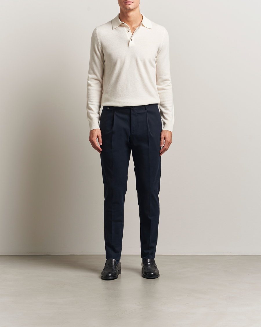 Men | Trousers | PT01 | Slim Fit Pleated Cotton/Cashmere Trousers Navy