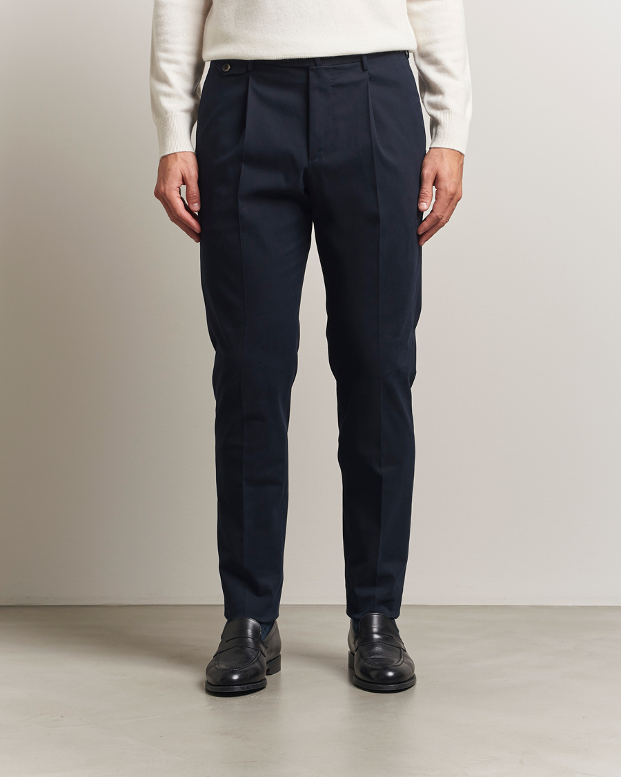 Men | Trousers | PT01 | Slim Fit Pleated Cotton/Cashmere Trousers Navy
