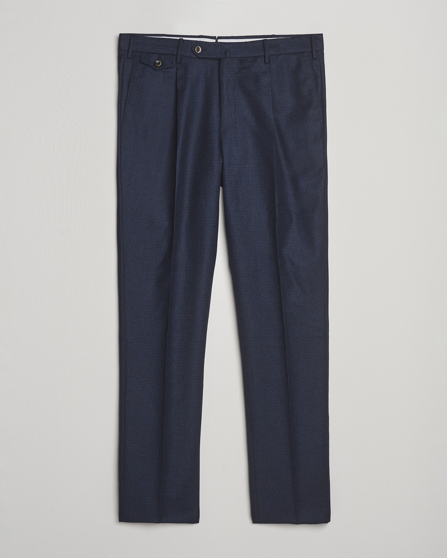 Men | Trousers | PT01 | Gentleman Fit Pleated Houndstooth Flannel Trousers Navy
