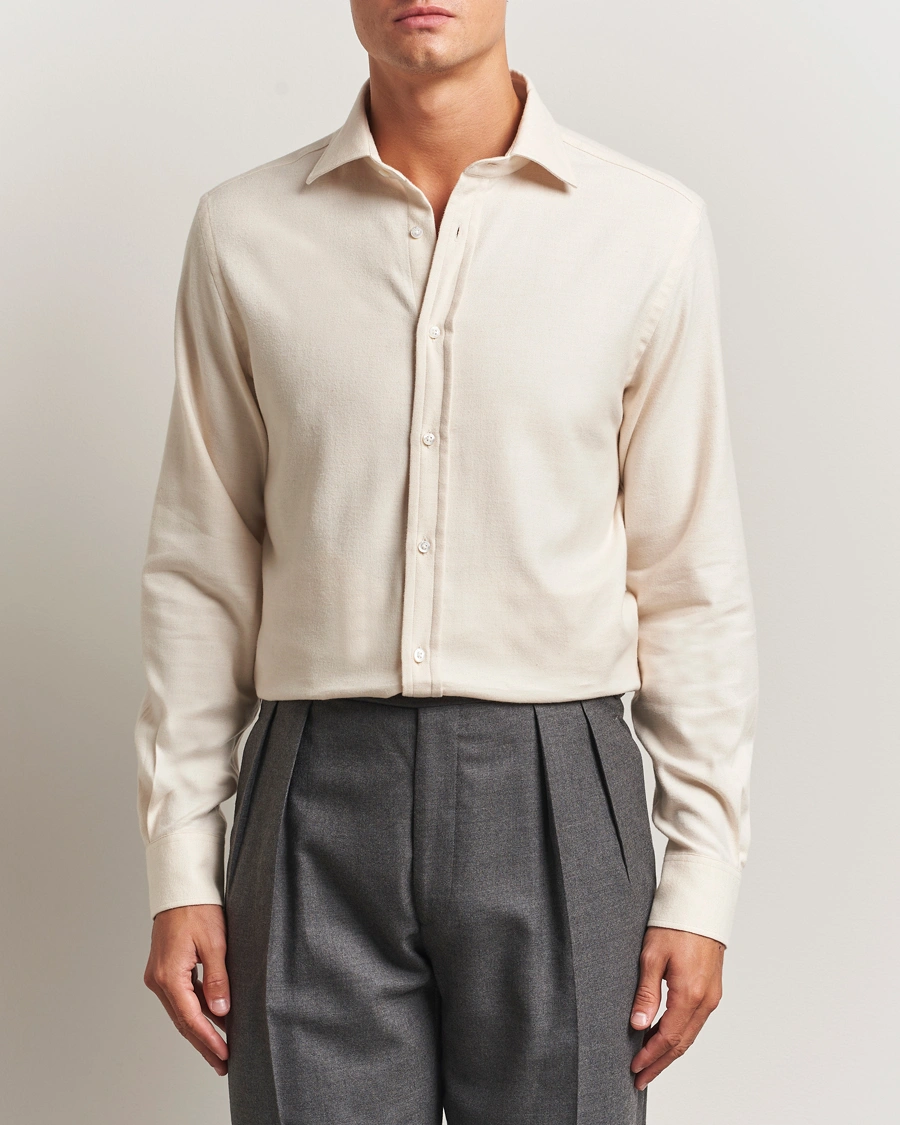 Men | Shirts | Ralph Lauren Purple Label | Cotton Flannel Shirt Cream Melange