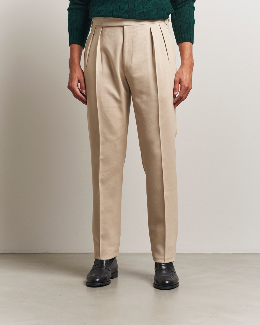 Men | Trousers | Ralph Lauren Purple Label | Pleated Twill Trousers Limestone