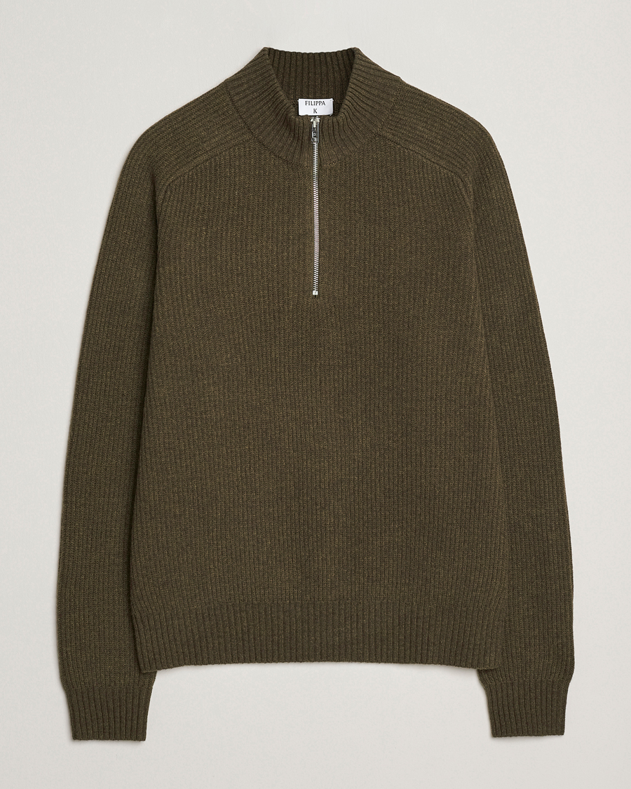Men | Sweaters & Knitwear | Filippa K | Ribbed Wool Half Zip Moss Green