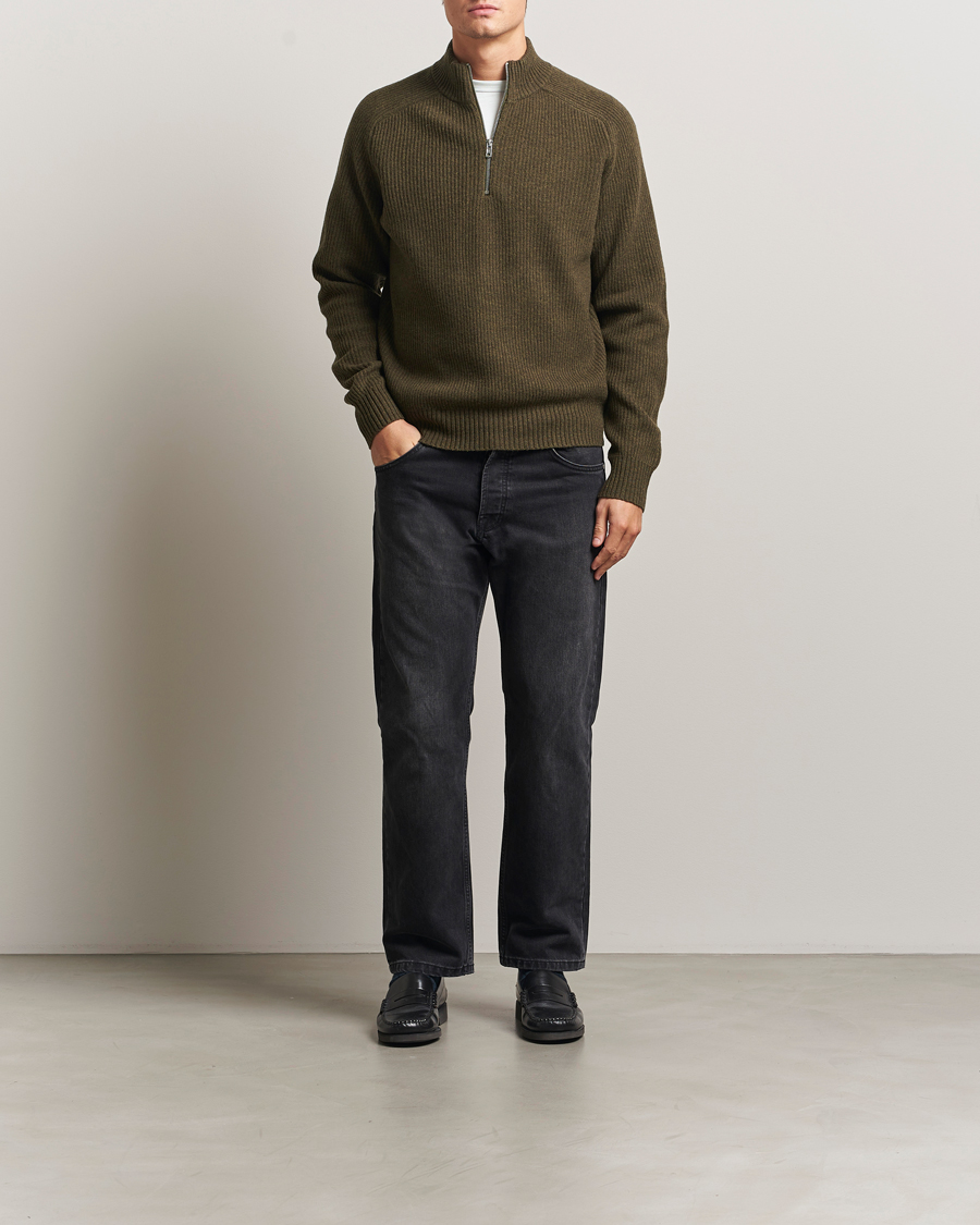 Men | Sweaters & Knitwear | Filippa K | Ribbed Wool Half Zip Moss Green