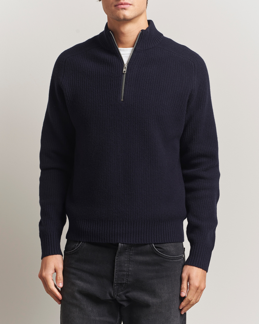 Men | Sweaters & Knitwear | Filippa K | Ribbed Wool Half Zip Navy