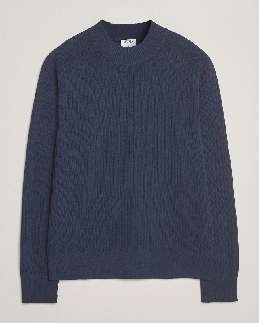 Men | Sweaters & Knitwear | Filippa K | Cotton Merino Knitted Mock Neck Sweater Dusk Blue
