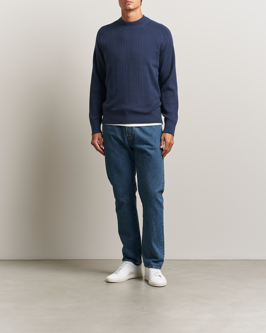 Men | Sweaters & Knitwear | Filippa K | Cotton Merino Knitted Mock Neck Sweater Dusk Blue