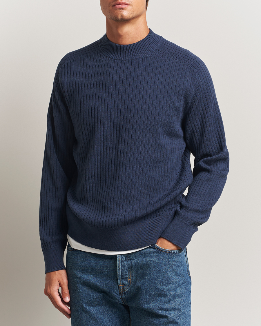 Men | Sweaters & Knitwear | Filippa K | Cotton Merino Knitted Mock Neck Sweater Dusk Blue