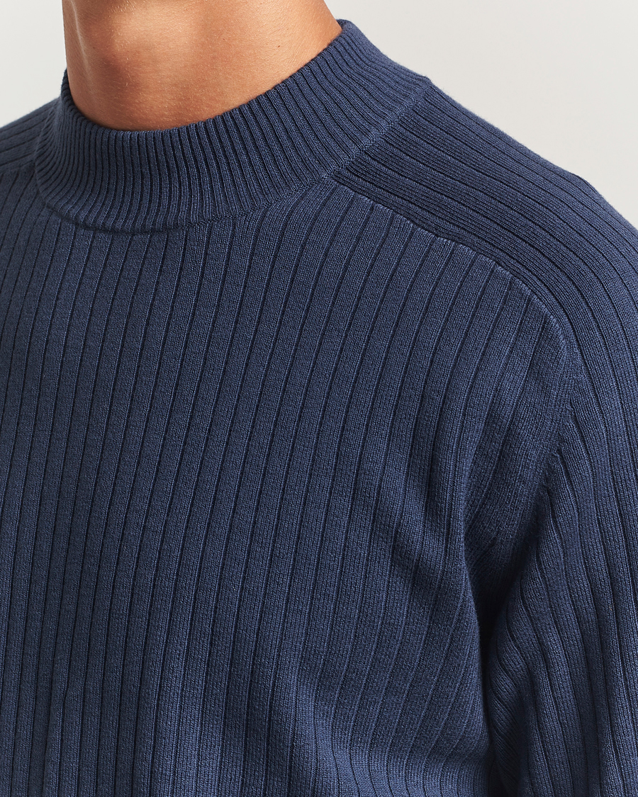 Men | Sweaters & Knitwear | Filippa K | Cotton Merino Knitted Mock Neck Sweater Dusk Blue