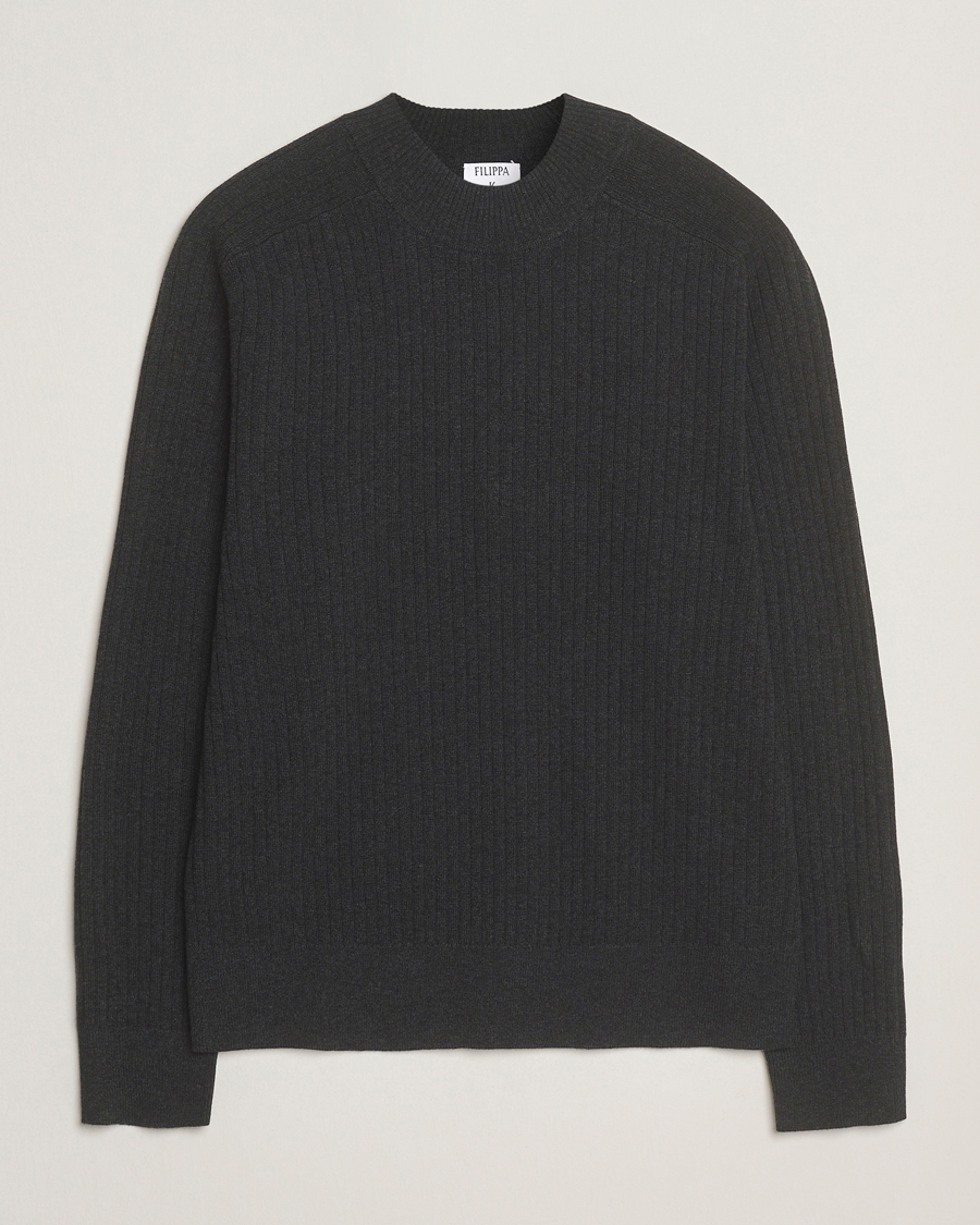 Men | Sweaters & Knitwear | Filippa K | Cotton Merino Knitted Mock Neck Sweater Anthracite Melange